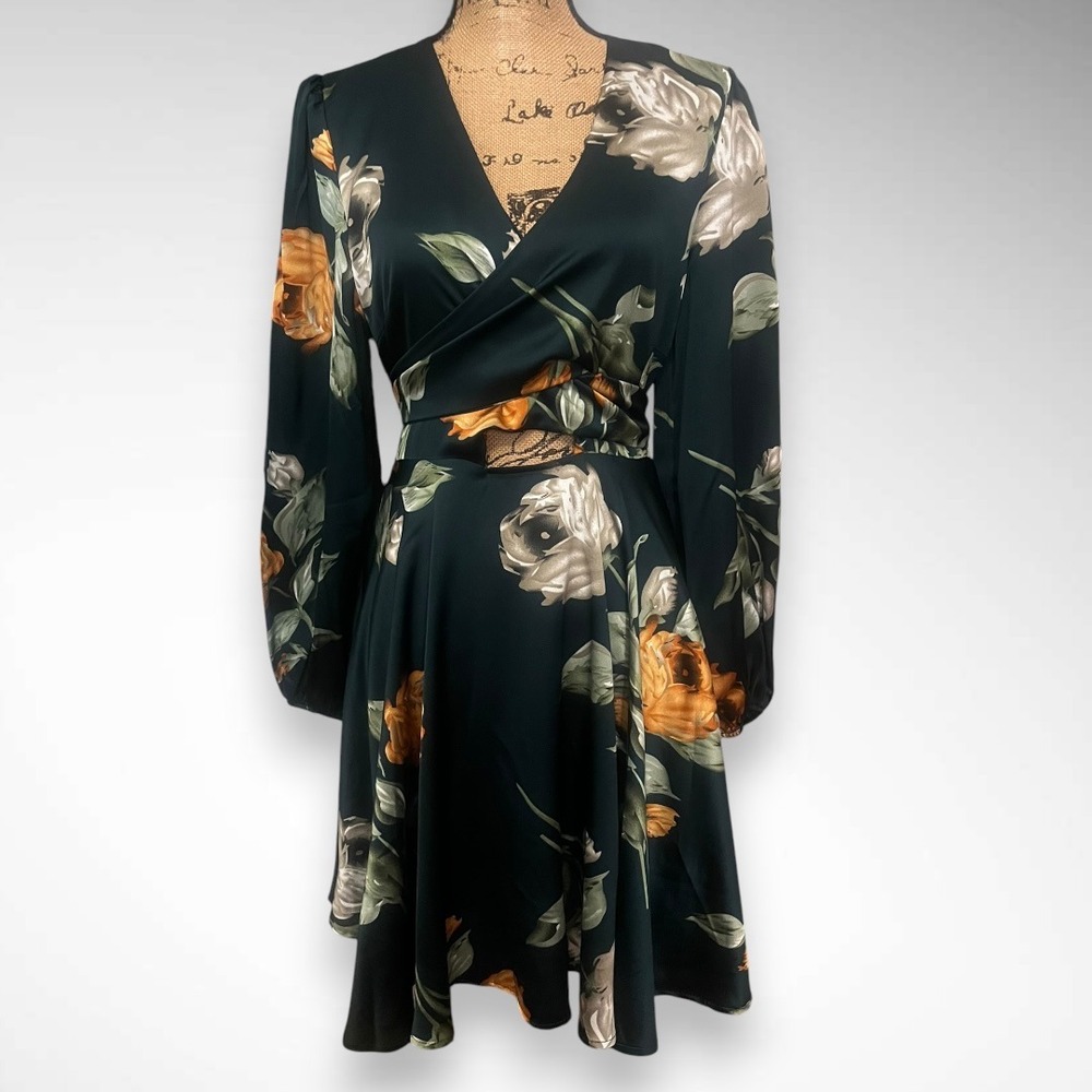 BALTIC BORN Deep Topaz Floral Woodbury Satin Long Sleeve Mini Dress New W/ Tags